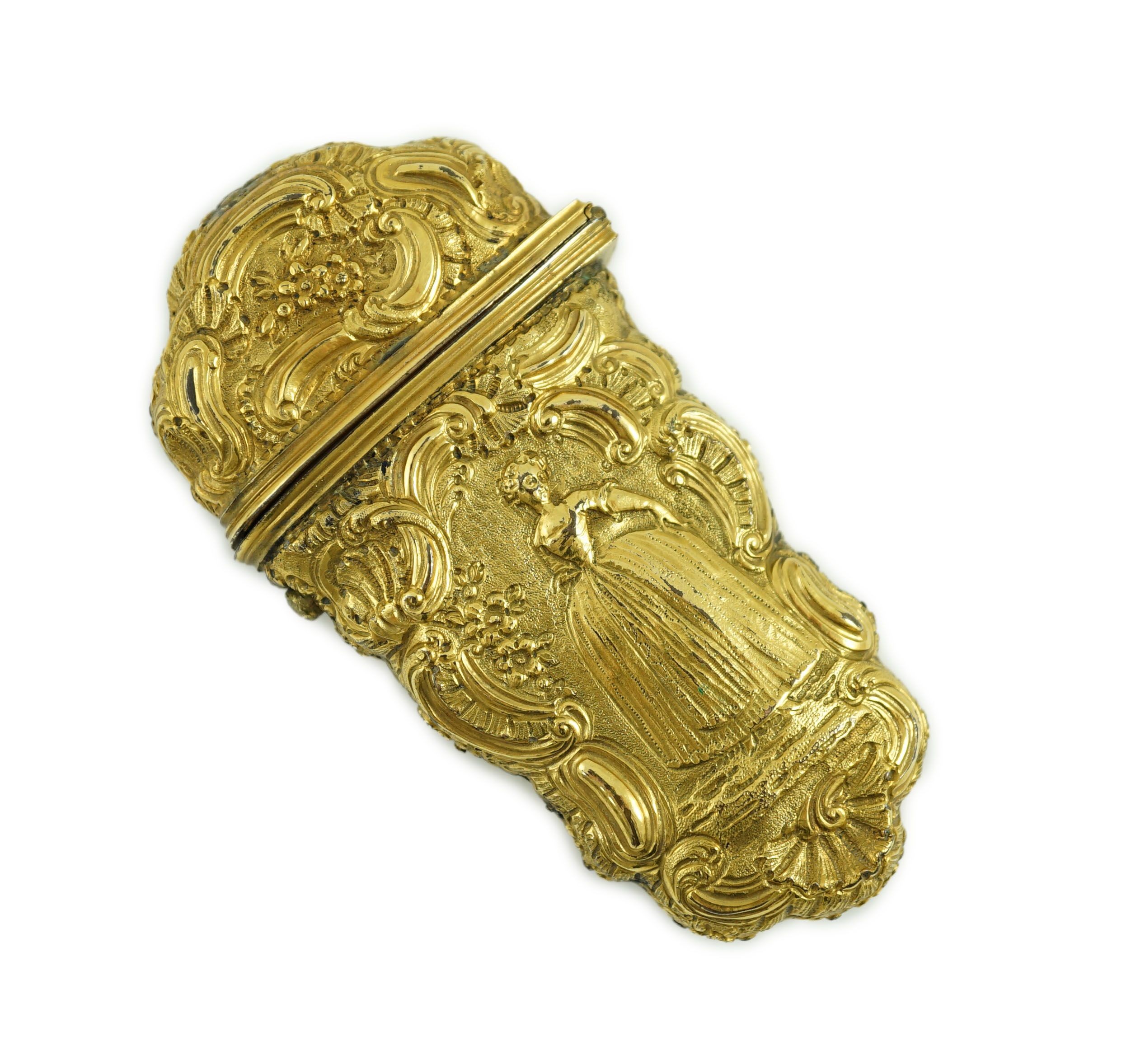 A George III gilt metal etui containing accessories, 10cms high.